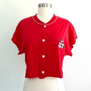 Vintage 80’s red embroidered puppy dog heart glasses crop top button up shirt
